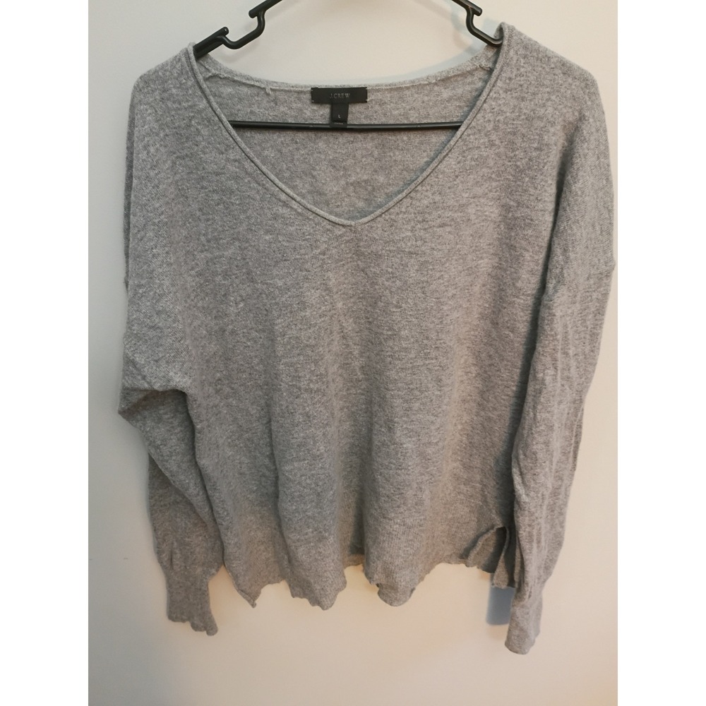J.Crew Womens Gray Wool Blend V-Neck Sweater Size L Drop Shoulder Boxy Knit